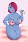  absurd_res blue_body blue_skin dairy_products female food genitals hair hair_over_eye hand_on_hip hi_res hotkeke1 humanoid humanoid_pointy_ears not_furry nude one_eye_obstructed pussy red_hair solo whipped_cream 