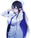  1girl bangs blue_archive blue_eyes blue_hair blue_neckwear breasts commentary_request glasses gloves halo jacket large_breasts long_hair long_sleeves looking_at_viewer necktie negom open_clothes open_jacket pointy_ears rin_(blue_archive) shirt solo white_gloves white_jacket white_shirt 