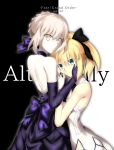  2girls absurdres artoria_pendragon_(all) backless_dress backless_outfit bangs black_background black_bow black_neckwear blonde_hair bow closed_mouth copyright_name dress elbow_gloves eyebrows_visible_through_hair fate/grand_order fate/stay_night fate/unlimited_codes fate_(series) foo_(pixiv54892036) gloves green_eyes hair_between_eyes hair_bow hand_on_another&#039;s_cheek hand_on_another&#039;s_face highres long_hair looking_at_viewer multiple_girls ponytail purple_bow purple_dress purple_gloves saber_alter saber_lily short_hair shoulder_blades silver_hair sleeveless sleeveless_dress standing two-tone_background white_background white_dress white_gloves yellow_eyes 