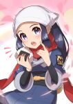  1girl absurdres black_hair blush commentary_request eyelashes female_protagonist_(pokemon_legends:_arceus) food food_on_face hands_up head_scarf highres holding holding_food looking_at_viewer onigiri open_mouth pokemon pokemon_(game) pokemon_legends:_arceus ponytail purple_eyes red_scarf rice rice_on_face scarf sidelocks solo taisa_(lovemokunae) teeth tongue white_headwear 