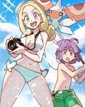  1boy 1girl :d :o ahoge bad_id bad_pixiv_id bare_arms bikini blonde_hair blush blush_stickers breasts bugsy_(pokemon) butterfly_net camera cleavage cloud collarbone devanohundosi eyebrows_visible_through_hair eyelashes forehead gen_3_pokemon green_bikini green_eyes gym_leader hand_net holding holding_butterfly_net holding_camera legs_apart looking_at_viewer male_swimwear masquerain medium_breasts navel open_mouth outdoors pokemon pokemon_(creature) pokemon_(game) pokemon_hgss pokemon_xy shirtless short_hair side-tie_bikini single-lens_reflex_camera sky smile strap swim_trunks swimsuit swimwear thighs viola_(pokemon) white_bikini 