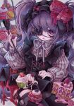  1girl absurdres cake cake_slice eyepatch food food_on_head garter_belt gothic_lolita highres holding holding_whip lace lace-trimmed_eyepatch lace_trim lolita_fashion object_on_head original purple_eyes purple_hair purple_ribbon ribbon solo thighhighs tira_27 twintails whip 