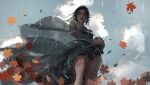  autumn barefoot black_hair clouds dress ghostblade leaves pointed_ears princess_yan realistic reflection sky water wlop 