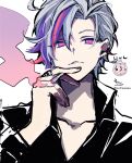  1boy absurdres bangs between_fingers black_shirt cigarette collarbone collared_shirt commentary_request eyebrows_visible_through_hair fuwa_minato grey_hair hair_between_eyes hand_up highres holding holding_cigarette long_sleeves looking_at_viewer male_focus multicolored_hair nijisanji parted_bangs parted_lips purple_eyes purple_hair red_hair shirt signature simple_background smoke sofra solo streaked_hair twitter_username upper_body virtual_youtuber white_background 