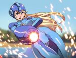  1girl arm_cannon blonde_hair blue_bodysuit blue_eyes bodysuit breasts cosplay crossover gun helmet kagato007sfw large_breasts long_hair looking_at_viewer medium_breasts metroid mole mole_under_mouth open_mouth ponytail rockman rockman_(character) rockman_(character)_(cosplay) rockman_(classic) samus_aran simple_background skin_tight solo super_smash_bros. weapon zero_suit 