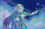 1girl aegis_sword_(xenoblade) bangs bare_shoulders chest_jewel cleavage_cutout clothing_cutout dress earrings elbow_gloves gem gloves headpiece highres issycake jewelry long_hair mythra_(massive_melee)_(xenoblade) mythra_(xenoblade) short_dress silver_eyes silver_hair solo super_smash_bros. swept_bangs thigh_strap tiara very_long_hair white_gloves xenoblade_chronicles xenoblade_chronicles_(series) xenoblade_chronicles_2 