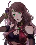  1girl :d bandeau bare_shoulders bracelet breasts brooch brown_hair circlet cleavage commentary_request criss-cross_halter dorothea_arnault fire_emblem fire_emblem:_three_houses fire_emblem_heroes green_eyes halterneck head_tilt jewelry long_hair open_mouth pana_(87) simple_background smile solo upper_body white_background 