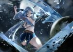  1girl absurdres artist_name blue_bra blue_eyes blue_hair blue_shorts bra breasts character_name character_request detached_sleeves highres holding holding_weapon large_breasts long_hair looking_at_viewer navel shorts solo tower_of_saviors underwear vardan very_long_hair water water_drop weapon wide_sleeves 
