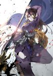  1girl blue_cape breasts brown_hair cape character_request faulds highres holding holding_polearm holding_weapon large_breasts long_hair long_sleeves looking_at_viewer one_eye_covered pants parted_lips polearm purple_pants red_eyes solo tower_of_saviors vardan very_long_hair weapon 