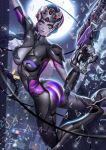  1girl ass bodysuit boots braid braided_ponytail breasts broken_glass colored_skin full_moon glass gun high_heel_boots high_heels highres impossible_bodysuit impossible_clothes large_breasts liang_xing long_hair looking_at_viewer moon overwatch overwatch_2 purple_skin rifle signature sniper_rifle tagme very_long_hair weapon widowmaker_(overwatch) yellow_eyes 