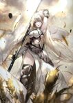  1girl armor armored_dress bangs blonde_hair blue_eyes boots breasts cross fate/grand_order fate_(series) faulds gauntlets headgear highres holding jeanne_d&#039;arc_(fate) jeanne_d&#039;arc_(fate)_(all) knee_boots large_breasts long_hair looking_at_viewer parted_lips solo sword thighhighs vardan veil very_long_hair weapon 