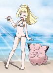  1girl bangs barefoot bikini blonde_hair blunt_bangs breasts cleavage clefairy collarbone commentary_request day full_body gen_1_pokemon green_eyes highres holding holding_poke_ball knees light_beam lillie_(pokemon) looking_at_viewer navel one_eye_closed open_mouth outdoors poke_ball poke_ball_(basic) pokemon pokemon_(creature) pokemon_(game) pokemon_sm ponytail sand shore smile standing swimsuit teeth teru_zeta toes tongue water white_bikini 