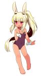  1girl :d animal_ear_fluff animal_ears bare_legs bare_shoulders barefoot blonde_hair breasts bunny_ears covered_navel full_body hand_up heart heart-shaped_pupils highres index_finger_raised leotard long_hair looking_at_viewer masurao_(sekaiju) naga_u open_mouth ponytail purple_leotard red_eyes sekaiju_no_meikyuu sekaiju_no_meikyuu_5 short_eyebrows sidelocks simple_background small_breasts smile solo standing strapless strapless_leotard symbol-shaped_pupils thick_eyebrows very_long_hair white_background wrist_cuffs 