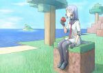  1girl apple black_gloves black_legwear block blue_sky cloud day dress food fruit full_body gloves grass hair_ribbon kantai_collection loafers long_hair minecraft murakumo_(kancolle) necktie outdoors pantyhose partially_fingerless_gloves red_neckwear ribbon sailor_dress shoes sidelocks silver_hair sitting sky solo taruya thighband_pantyhose tree tress_ribbon 