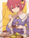  1girl :t absurdres bangs blouse blue_blouse border breasts bright_pupils cake cake_slice closed_mouth commentary_request eating eyeball eyebrows_visible_through_hair food food_request fork frilled_shirt_collar frills heart heart_of_string highres holding holding_fork holding_plate komeiji_satori looking_at_viewer orange_background outside_border pink_eyes pink_hair plate senzaicha_kasukadoki simple_background small_breasts solo third_eye touhou upper_body white_background white_border white_pupils 