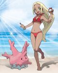  1girl :d barefoot bikini blonde_hair bracelet breasts commentary_request corsola dark_skin dark_skinned_female day eyelashes full_body gen_2_pokemon green_eyes highres holding holding_poke_ball jewelry knees long_hair nail_polish open_mouth outdoors poke_ball poke_ball_(basic) pokemon pokemon_(creature) pokemon_(game) pokemon_xy red_bikini red_nails sand shore smile standing standing_on_one_leg swimmer_(pokemon) swimsuit teru_zeta toes tongue water 