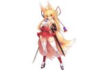  animal_ears blonde_hair breasts cameltoe elbow_gloves foxgirl gloves izuna_(shinrabanshou) japanese_clothes karukan_(monjya) katana long_hair multiple_tails no_bra panties red_eyes shinrabanshou sideboob skirt sword tail thighhighs underwear weapon white zettai_ryouiki 