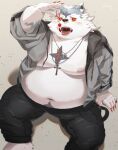  2021 anthro belly bottomwear canid canine canis clothing fur grey_body grey_fur hi_res hoodie kemono male mammal moobs navel nikiciy nipples overweight overweight_anthro overweight_male pants sitting solo topwear white_body white_fur wolf 