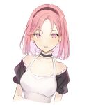  1girl bangs bare_shoulders breasts choker collarbone earrings hairband jewelry lace-trimmed_choker lace_trim looking_at_viewer lpip original parted_lips pink_eyes pink_hair puffy_short_sleeves puffy_sleeves short_hair short_sleeves solo upper_body white_background 
