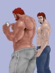  2boys abs ass_grab bara beard blue_eyes blue_pants brown_hair bulge couple dark_skin dark_skinned_male facial_hair fate/grand_order fate_(series) feet_out_of_frame goatee grey_pants holding holding_phone iskandar_(fate) large_pectorals long_sideburns male_focus mature_male multiple_boys muscular muscular_male napoleon_bonaparte_(fate) pants phone red_hair shirtless short_hair sideburns simple_background stomach teasing thick_thighs thighs track_pants tsukasa_mat veins yaoi 