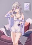  absurdres adjusting_hair azur_lane bare_shoulders blush breasts breasts_apart chair collarbone eyebrows_visible_through_hair grey_hair hair_brush hair_ribbon head_tilt heterochromia highres holding holding_brush indoors light_smile looking_at_viewer murmansk_(azur_lane) murmansk_(sceneries_of_pure_snow)_(azur_lane) nightgown official_alternate_costume picture_frame pillow ping_zhong_yu purple_eyes ribbon sidelocks small_breasts white_nightgown 