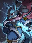  ambiguous_gender anthro black_body black_fur blue_background blue_body blue_fur blue_glow bottomwear canid canine clothed clothing fully_clothed fur gloves_(marking) glowing_weapon hand_spike hi_res holding_object holding_weapon insignia leaping lucario mammal markings nintendo pants pok&eacute;mon pok&eacute;mon_(species) pokemon_legends_arceus red_eyes sa-dui scarf shaded signature simple_background snout solo video_games weapon yellow_body yellow_fur 