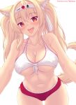  1girl animal_ear_fluff animal_ears bare_arms bare_shoulders blonde_hair blush breasts cat_ears cleavage collarbone covered_nipples eyebrows_visible_through_hair headband highres large_breasts long_hair looking_at_viewer navel nottytiffy open_mouth original patreon_username red_eyes red_shorts saliva short_shorts shorts sidelocks simple_background sleeveless solo tail tiffy_(nottytiffy) tongue tongue_out twintails white_background 