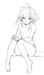  1girl :d ahoge bangs barefoot blush collarbone copyright_request eyebrows_visible_through_hair full_body greyscale hair_between_eyes highres looking_at_viewer monochrome nose_blush nude open_mouth rero_(bigdoorbig2) simple_background sketch smile solo white_background 