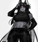 abs absurd_res animal_humanoid animenopls anput arm_warmers armwear athletic athletic_humanoid big_breasts biped black_armwear black_bottomwear black_clothing black_hair black_pants bottomwear breasts canid canid_humanoid canine canine_humanoid claws clothed clothing crop_top dark_body dark_skin eye_markings eyewear eyewear_on_head female finger_claws front_view fully_clothed glistening glistening_body glistening_skin greyscale hair hand_on_hip hi_res humanoid jackal_humanoid long_hair looking_at_viewer low-angle_view mammal mammal_humanoid markings midriff monochrome multicolored_hair navel pants portrait red_eyes shirt simple_background solo spot_color standing sunglasses sunglasses_on_head three-quarter_portrait topwear two_tone_hair white_background 
