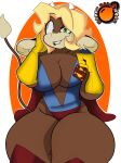  2019 anthro big_breasts blonde_hair bovid bovine breasts brown_body brown_fur cape carla_brown_cow cattle clothing curvy_figure dc_comics digital_media_(artwork) female fur gloves green_eyes hair handwear hi_res horn huge_breasts inkit89 leotard looking_at_viewer mammal simple_background smile solo supergirl teeth thick_thighs voluptuous wide_hips 