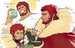  2boys absurdres beard blush cape collage facial_hair fate/zero fate_(series) from_side fur-trimmed_cape fur_trim highres iskandar_(fate) large_pectorals leather male_focus multiple_boys multiple_views muscular muscular_male official_alternate_costume profile red_cape red_eyes red_hair shirt sigppang_(2shot00002) smile t-shirt translation_request upper_body waver_velvet white_shirt 
