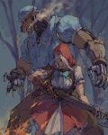  1boy 1girl animal_ears ashe_(overwatch) axe bared_teeth bayonet black_sclera blue_dress blue_eyes bob_(overwatch) bodice bonnet claws colored_sclera crazy_eyes crazy_smile crossdressing dress fingerless_gloves gloves gun hair_over_one_eye height_difference highres holding holding_gun holding_weapon hood hood_up little_red_ashe official_alternate_costume overwatch pajamas red_dress red_hood rifle robot scar scar_across_eye scar_on_arm shadowyahaha silver_hair weapon wolf_ears 