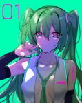  1girl absurdres alternate_eye_color alternate_hair_color bangs breasts cleavage collared_shirt commentary detached_sleeves eyebrows_visible_through_hair fuchi_(fuchi_1106) gradient_eyes green_eyes green_hair green_neckwear hair_between_eyes hatsune_miku highres holding holding_hair huge_filesize multicolored multicolored_eyes necktie open_clothes open_shirt purple_eyes shirt sleeveless sleeveless_shirt small_breasts solo twintails vocaloid 