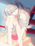  1girl absurdres bare_shoulders barefoot bell breasts cleavage collarbone dress hair_bell hair_ornament hair_ribbon highres knees_on_chest looking_at_viewer looking_away monogatari_(series) oikura_sodachi owarimonogatari p_enporo ribbon sad silver_hair sitting solo strap_slip twintails 