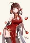 1girl absurdres ahoge arms_behind_back bangs black_gloves black_legwear blush breasts brown_eyes brown_hair china_dress chinese_clothes cleavage cleavage_cutout closed_mouth clothing_cutout copyright_request dated dress dsr-50_(girls_frontline) elbow_gloves eyebrows_visible_through_hair flower garter_belt girls_frontline gloves grey_background hair_flower hair_ornament hair_rings highres large_breasts leaning_forward long_hair pelvic_curtain red_dress red_flower rero_(bigdoorbig2) shirt signature simple_background sleeveless sleeveless_shirt solo thighhighs 