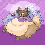  1:1 anthro belly big_belly big_breasts blush breasts canid canine clothed clothing digital_media_(artwork) domestic_cat duo eating expansion feeding felid feline felis female female/female fennec food fox fur growth hair hi_res huge_breasts hyper hyper_belly kyden larger_female mammal morbidly_obese navel obese obese_anthro obese_female overweight overweight_anthro overweight_female simple_background size_difference smaller_female smile ssbbw thick_thighs weight_gain wide_hips xaxrla 