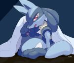  3_fingers ambiguous_gender anthro bed bedding blanket blue_background blue_body blue_fur blush canid canine chest_spike ekcdayo fingers fur furniture hand_spike hi_res looking_at_viewer lucario lying mammal nintendo on_side open_mouth pawpads pink_pawpads pok&eacute;mon pok&eacute;mon_(species) red_eyes shaded signature simple_background snout solo spikes spikes_(anatomy) video_games yellow_body yellow_fur 