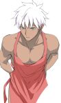  1boy apron archer closed_mouth collarbone dark_skin dark_skinned_male emya eyebrows_visible_through_hair fate/stay_night fate_(series) looking_down male_cleavage male_focus naked_apron pink_apron silver_eyes simple_background solo tying white_background white_hair 