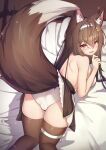  1girl 5danny1206 absurdres ahoge animal_ear_fluff animal_ears ass bare_back bare_shoulders bed black_dress black_legwear blush brown_eyes brown_hair cameltoe dress fang finger_to_mouth fox_ears fox_tail from_behind hairband highres long_hair looking_at_viewer looking_back lying on_stomach original panties pillow presenting ribbon short_dress skindentation solo tail thigh_ribbon thighhighs thighs top-down_bottom-up trefoil underwear white_panties 