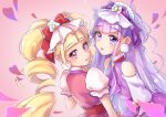  2girls agura_dou aisaki_emiru bangs blonde_hair blunt_bangs bow cravat cure_amour cure_macherie eyebrows_visible_through_hair hair_bow heart highres hugtto!_precure long_hair looking_at_viewer magical_girl multiple_girls pink_background pink_eyes precure purple_bow purple_eyes purple_hair purple_neckwear red_bow ruru_amour signature simple_background twintails upper_body 
