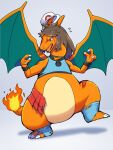  2019 3:4 3_fingers ambiguous_gender brown_hair charizard clothing fingers fire hair hat headgear headwear hi_res looking_down membrane_(anatomy) membranous_wings nintendo on_one_leg orange_body pok&eacute;mon pok&eacute;mon_(species) shio_inu simple_background solo standing torn_clothing transformation video_games wings 