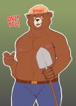  absurd_res anthro belt bottomwear brown_body brown_fur brownieclop clothing denim denim_clothing english_text fur hat headgear headwear hi_res jeans male mammal muscular muscular_anthro muscular_male nipples pants shovel simple_background slightly_chubby smokey_bear solo text tools ursid 