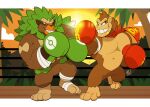  anthro boxing boxing_gloves brown_body brown_fur clothing donkey_kong_(character) donkey_kong_(series) duo fighting_ring fur green_hair grin hair handwear hi_res hikazedragon leaf leaf_hair male mammal nintendo outside plant plant_hair pok&eacute;mon pok&eacute;mon_(species) primate pseudo_hair rillaboom smile sport video_games 