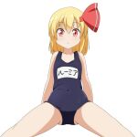  1girl ass_visible_through_thighs bangs bare_arms bare_shoulders blonde_hair blue_swimsuit cato_(monocatienus) commentary_request covered_navel eyebrows_visible_through_hair flat_chest hair_between_eyes hair_ribbon highres looking_away medium_hair name_tag parted_lips red_eyes red_ribbon ribbon rumia school_swimsuit simple_background solo swimsuit touhou white_background 