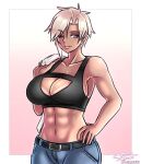  1girl abs absurdres ayra_(taiyudraws) belt black_sports_bra breasts cleavage cowboy_shot dark_skin dark_skinned_female dated english_commentary gradient gradient_background hand_on_hip hand_up highres large_breasts navel one_eye_closed original pink_background platinum_blonde_hair short_hair signature solo sports_bra taiyudraws 