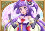  1girl :d ahoge bangs black_gloves black_headwear blunt_bangs blush bow bracelet breasts cure_magical earrings elbow_gloves floating_hair gloves hair_bow hanzou hat jewelry long_hair magic_circle mahou_girls_precure! medium_breasts mini_hat open_mouth precure purple_hair red_bow red_eyes shiny shiny_hair smile solo upper_body very_long_hair witch_hat 