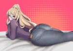  1girl altronage ass blonde_hair blush braid breasts closed_mouth colored_skin commission grey_skin hair_between_eyes highres huge_breasts long_hair long_sleeves looking_at_viewer looking_back lying monster_girl monster_girl_encyclopedia on_stomach pants ponytail smile solo sweater wight_(monster_girl_encyclopedia) 