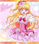  1girl :d bangs blonde_hair blue_eyes bow bowtie bracelet breasts collarbone cowboy_shot cure_miracle earrings eyebrows_visible_through_hair floating_hair gloves hair_bow hairband hanzou happy_birthday hat jewelry layered_skirt long_hair looking_at_viewer mahou_girls_precure! medium_breasts mini_hat miniskirt open_mouth outstretched_arms pink_hairband pink_headwear pink_skirt precure red_bow red_neckwear shiny shiny_hair shirt short_sleeves side_ponytail skirt smile solo standing underbust very_long_hair white_gloves white_shirt witch_hat 