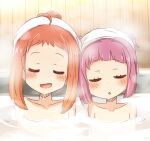  2girls :d ahoge blush brown_hair closed_eyes collarbone fence guriin harumi_kajika harumi_shinju highres multiple_girls nude onsen open_mouth parted_lips partially_submerged purple_hair smile steam tokyo_7th_sisters towel towel_on_head upper_body 