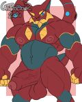  absurd_res anthro balls blue_eyes castrodour erection genitals hi_res humanoid_genitalia humanoid_penis legendary_pok&eacute;mon male muscular muscular_anthro muscular_male nintendo nipples penis pok&eacute;mon pok&eacute;mon_(species) red_body solo video_games volcanion 